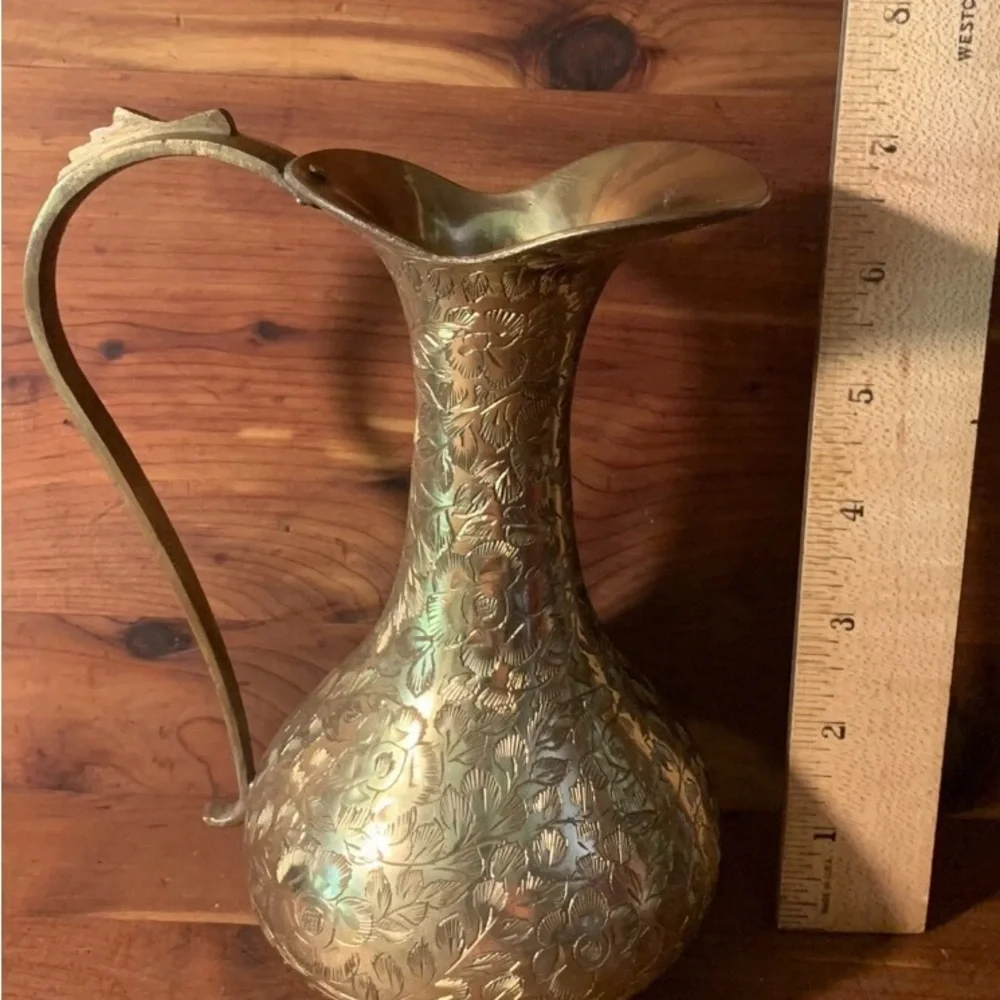 Vintage Etched India Brass 7” Pitcher - Picture 3 of 11